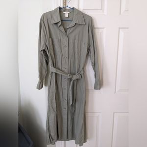 H&M green linen blend tie waist shirt dress